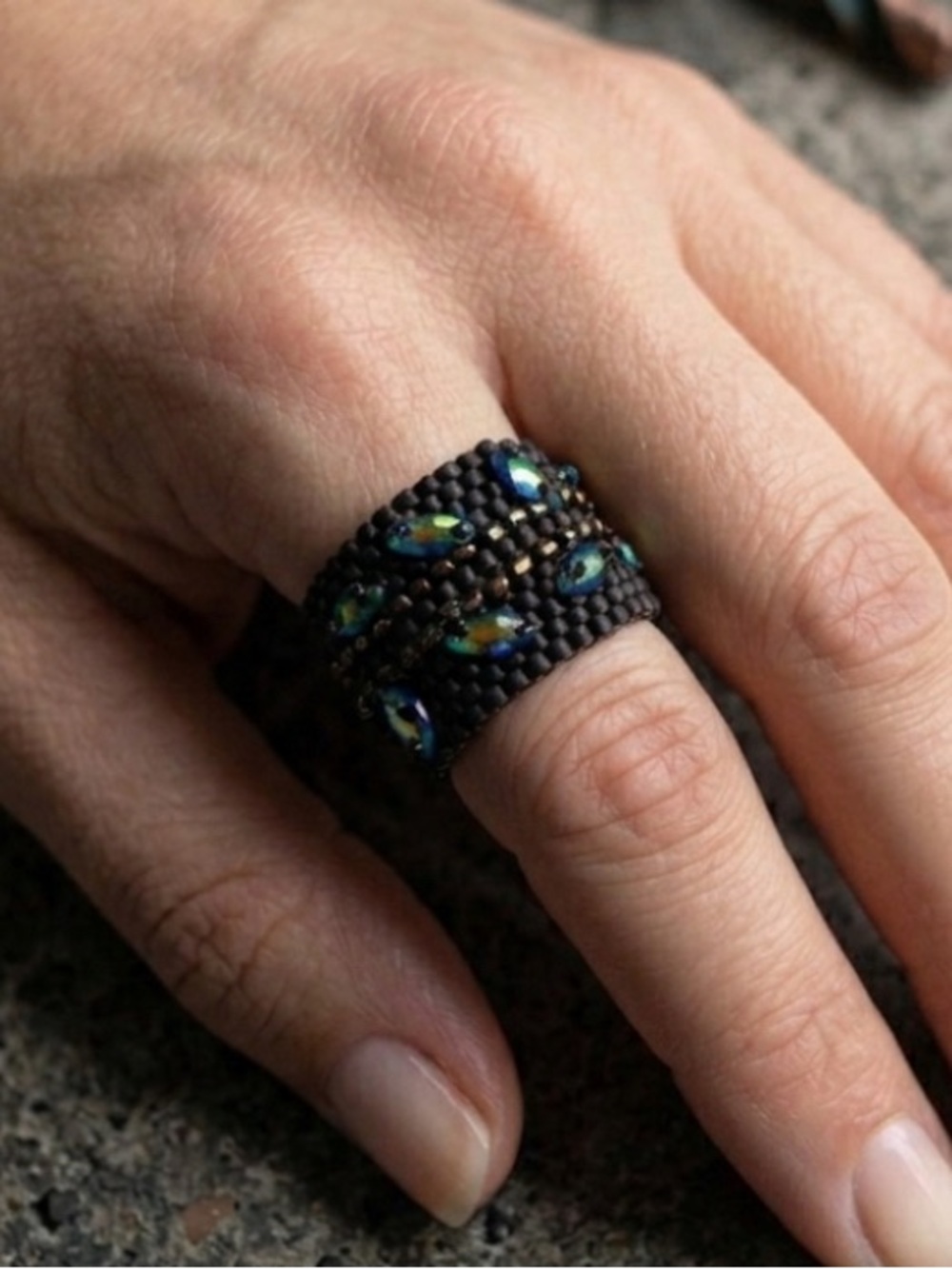 Handmade Wide Beaded Band Ring Iridescent Marquise Size 10